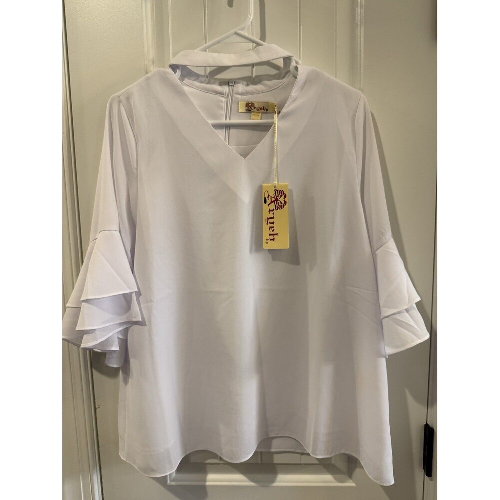 Aryeh‎ Womens M White Solid Choker Top Blouse Ruffle Keyhole 3/4 Sleeve TP-Y-690